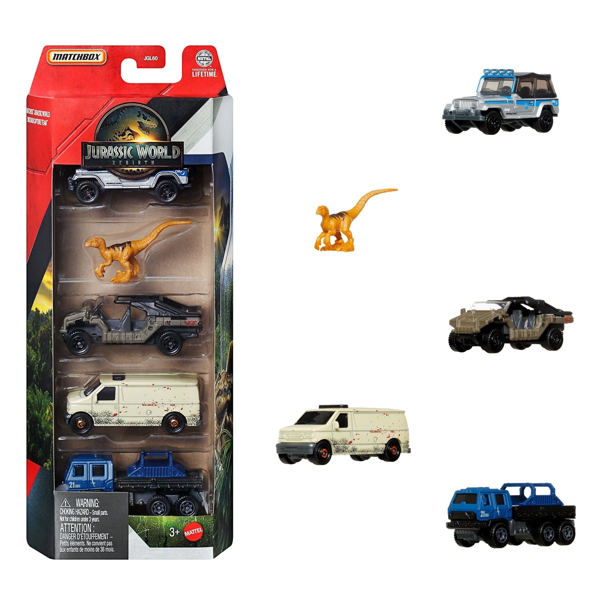 Matchbox-Coffret de 5Éléments Jurassic World-Véhicules et Dinosaure