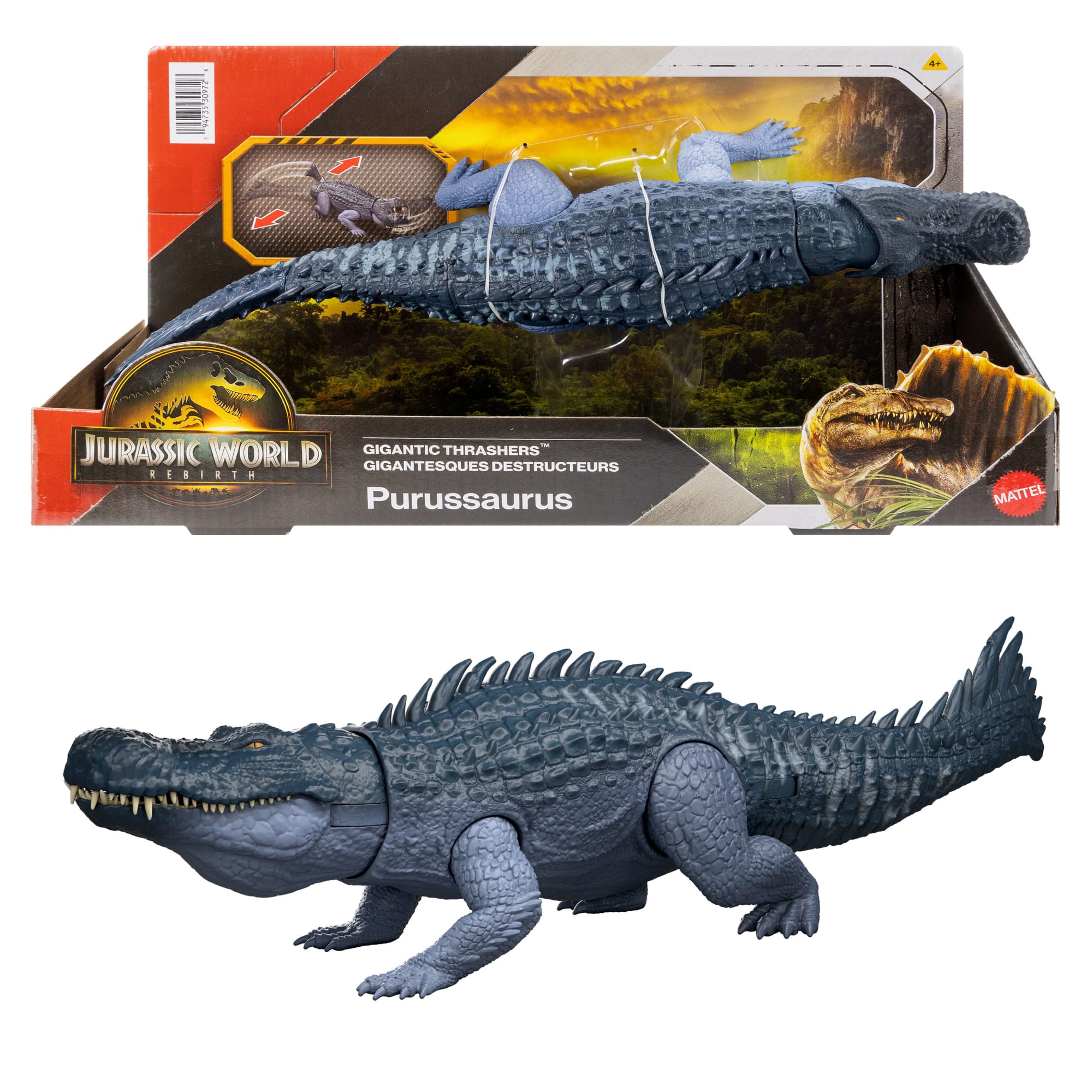 Jurassic World Rebirth Gigantic Thrashers Purussaurus Dinosaur Figure Toy, Tail Activated Attack
