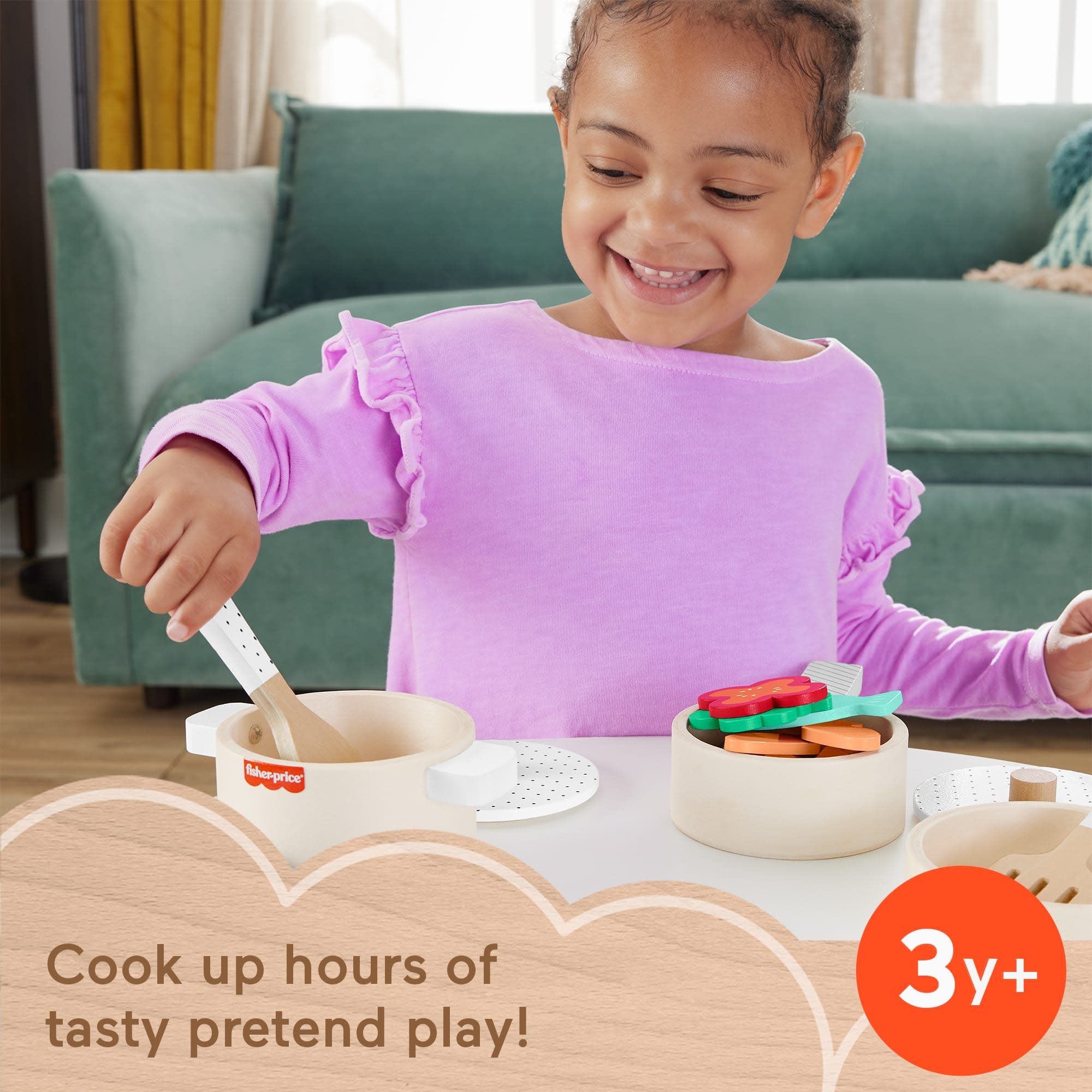 Fisher-Price Wooden Pots & Pans Set For Preschool Kitchen Pretend Play, 19 Wood Pieces