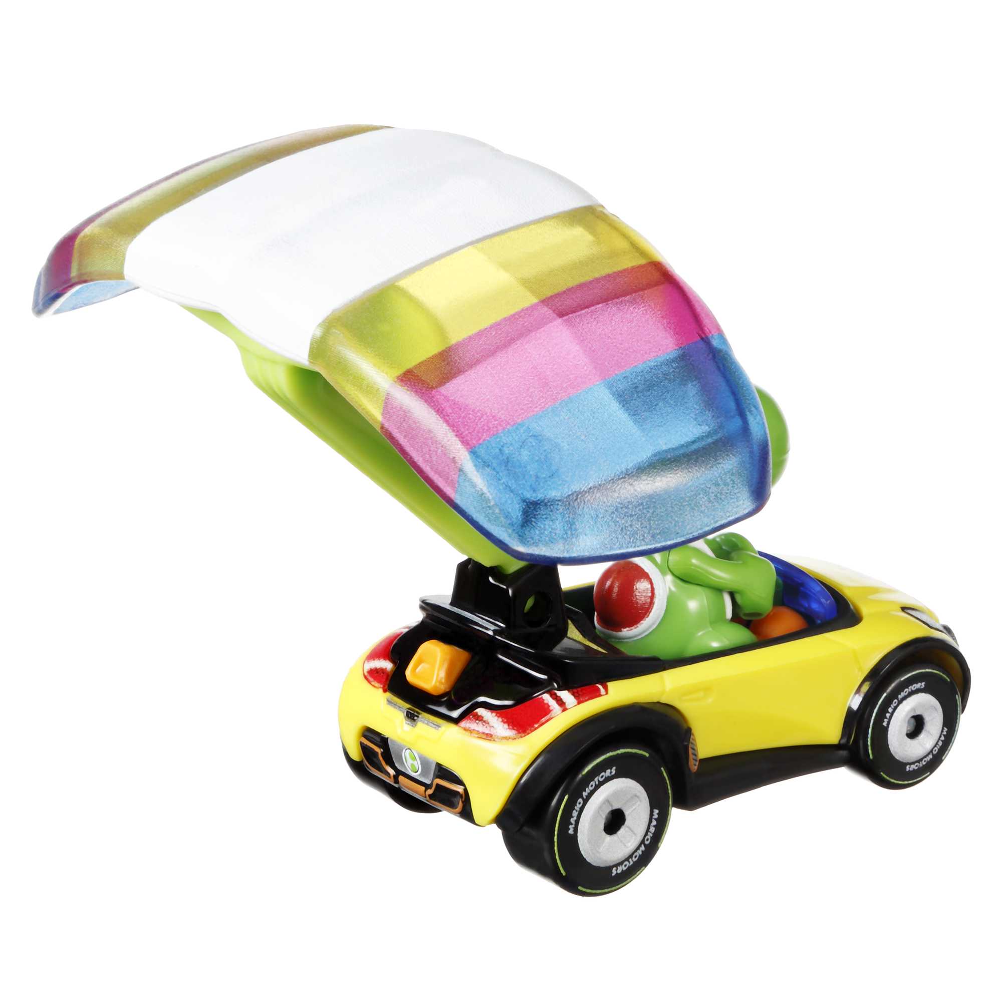 Hot Wheels Mario Kart Veículo de Brinquedo Yoshi Sports Coupê com Paraquedas
