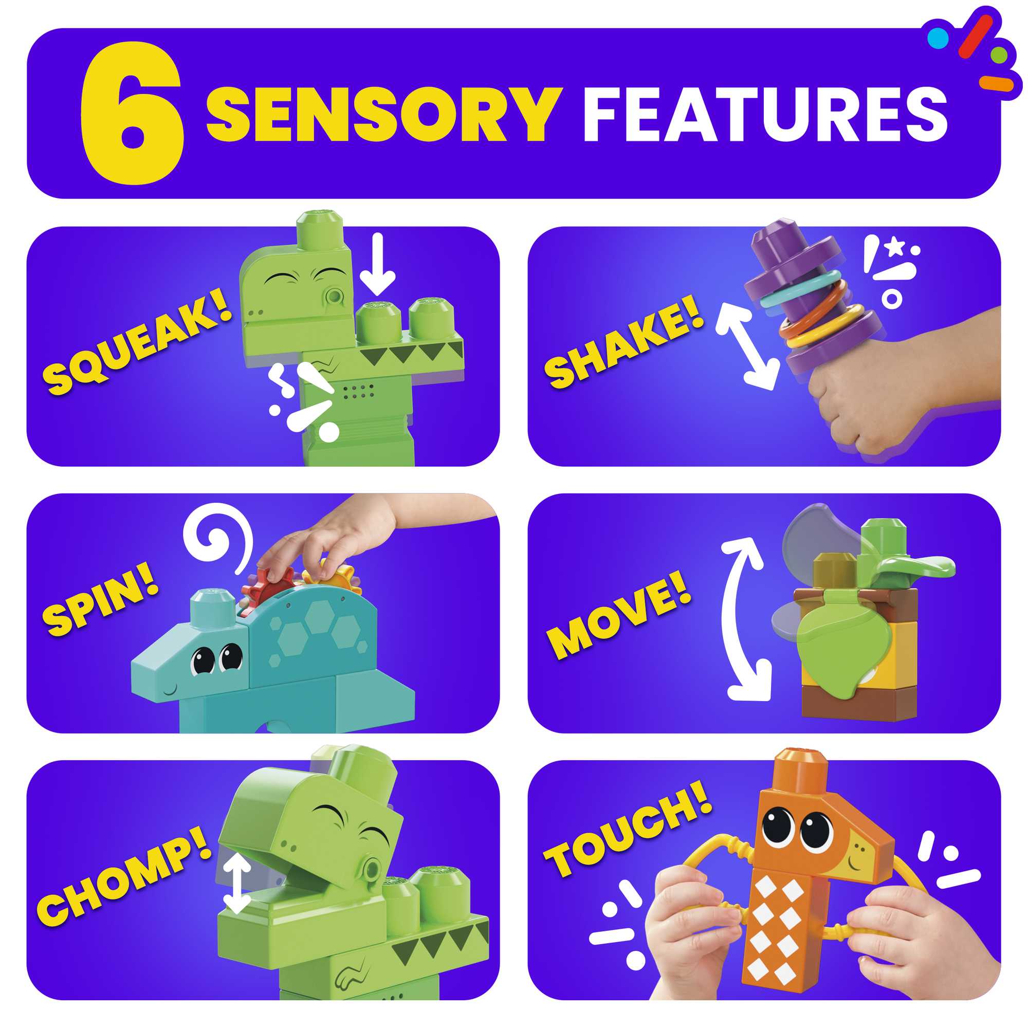 MEGA Bloks Squeak 'n Chomp Dinos Sensory Building Toys For Toddlers 1-3 (24 Pcs)