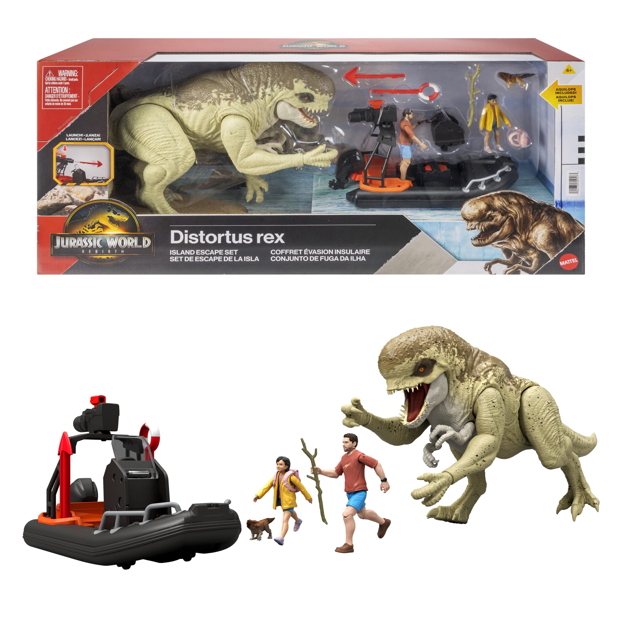 Jurassic World Rebirth Storypack With Raft, Distortus Rex, Adult, Child & Aquilops, Island Escape