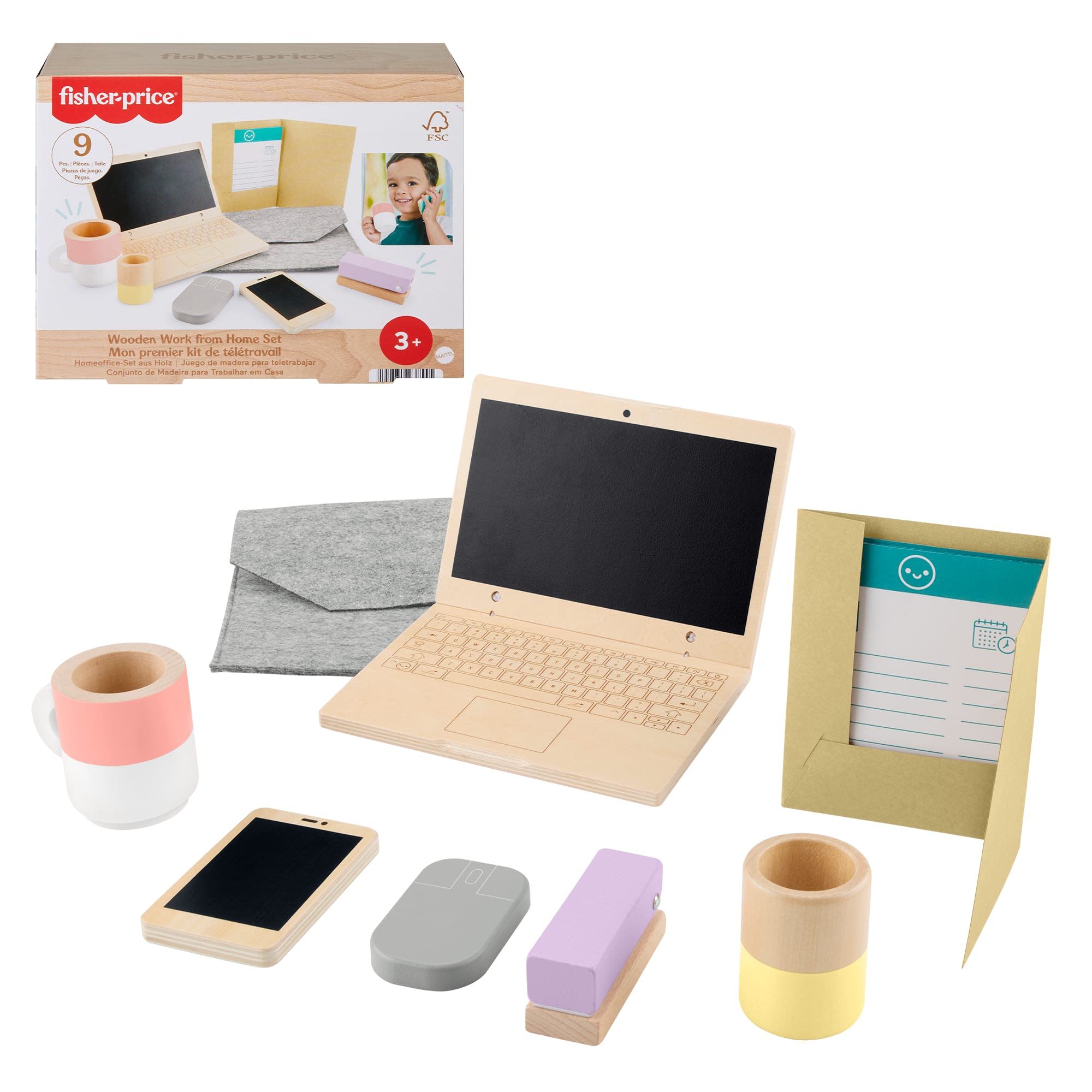 Fisher-Price Wood Pretend Play Work From Home Set, 9-Piece Office Playset With Wooden Toy Laptop & Phone For Preschool Kids Ages 3+ Years