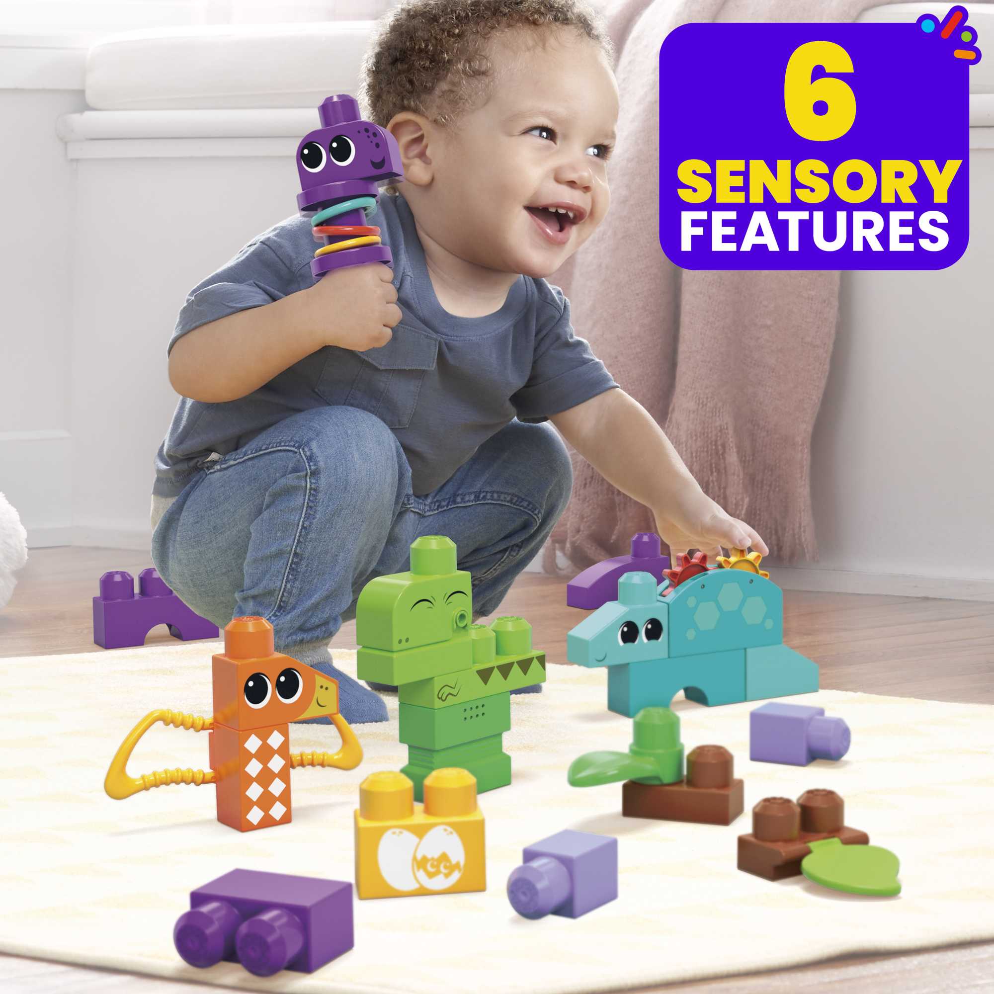 MEGA Bloks Squeak 'n Chomp Dinos Sensory Building Toys For Toddlers 1-3 (24 Pcs)