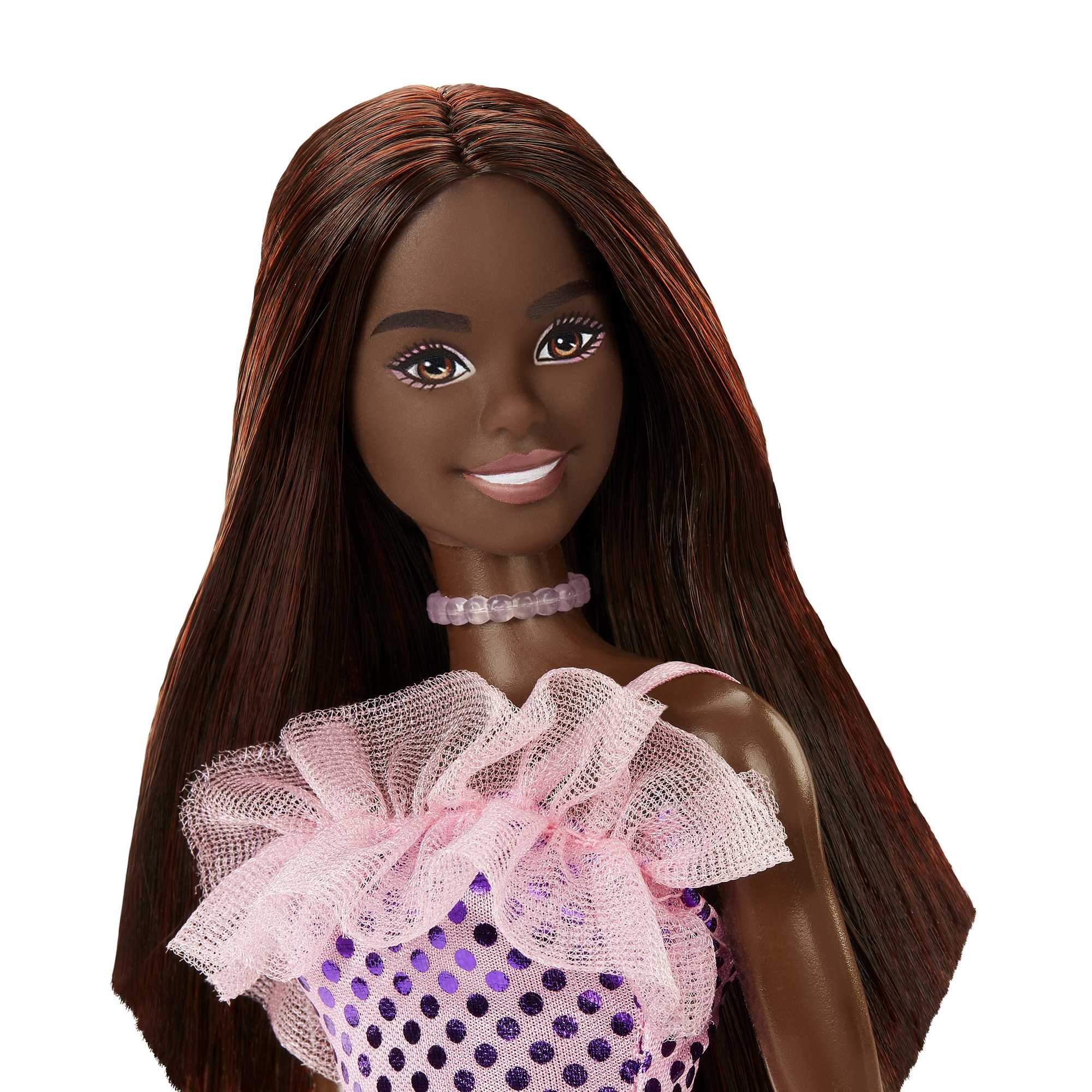 Barbie Poupée Cheveux Brun Foncé et Robe Métallique