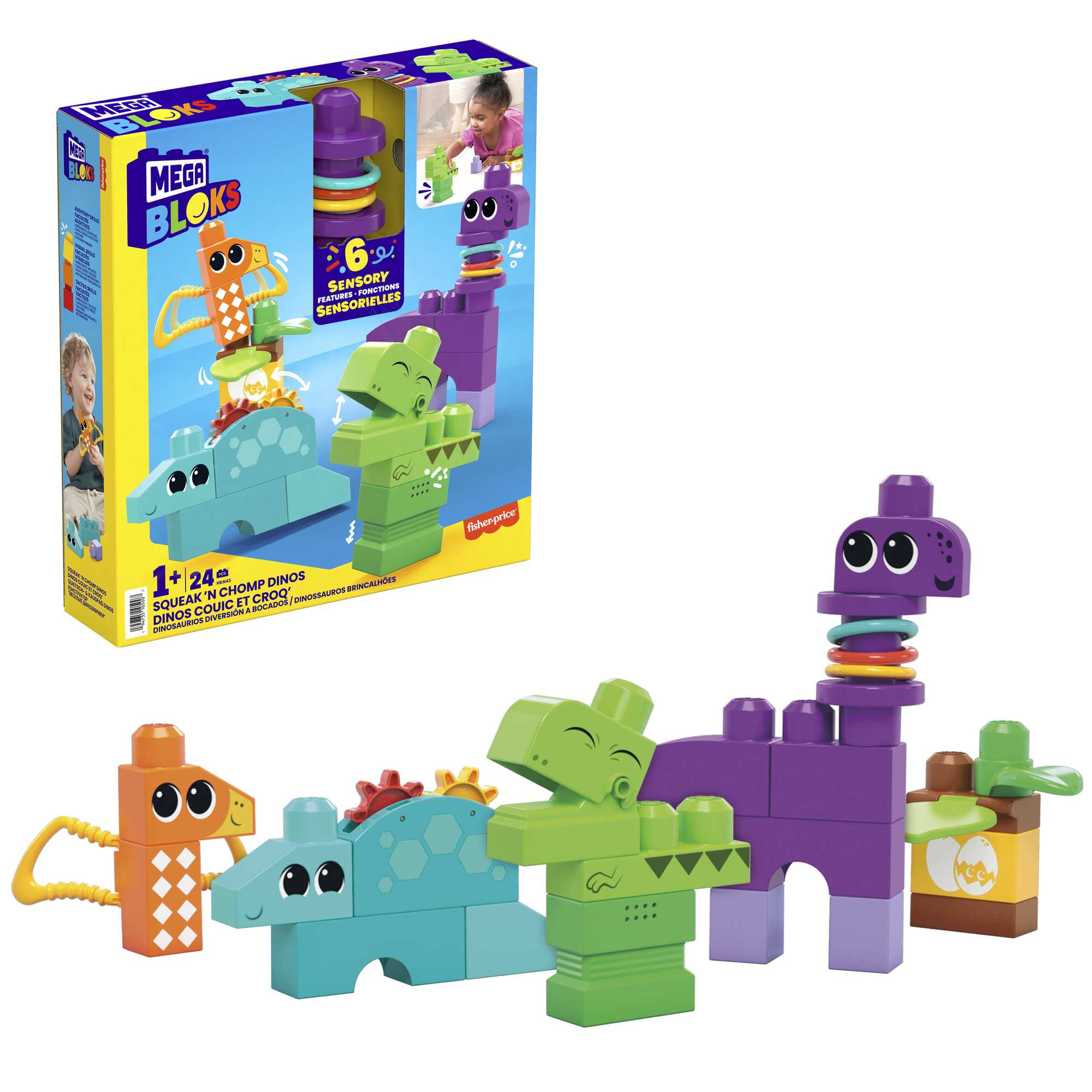 MEGA Bloks Squeak 'n Chomp Dinos Sensory Building Toys For Toddlers 1-3 (24 Pcs)