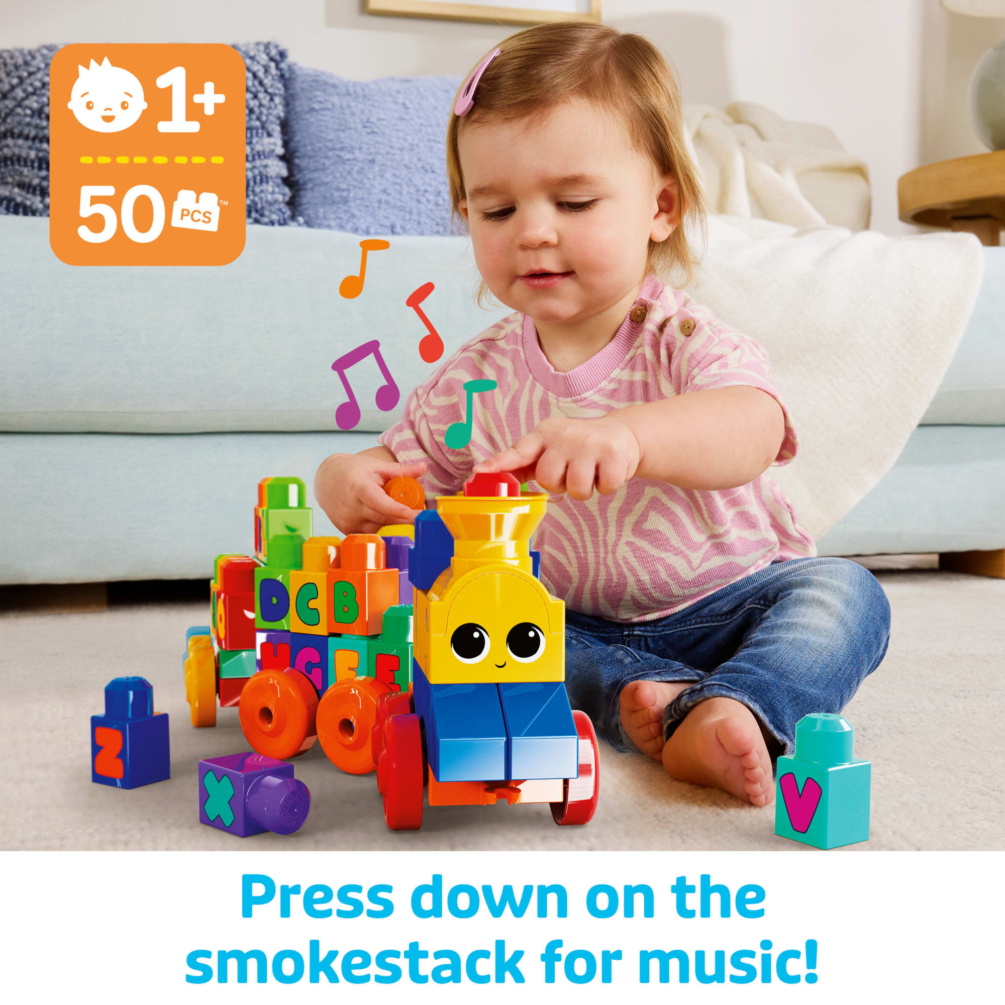 First Builders ABC Musical Train Toy Building Blocks With Music (50 Pieces) For Toddler