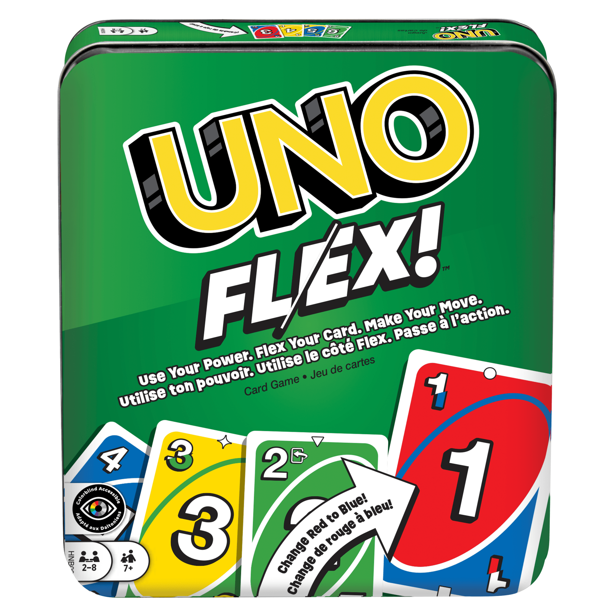 UNO Flex Card Game For Family Night Where Cards Change Color When Flexed in Collectible Tin Box