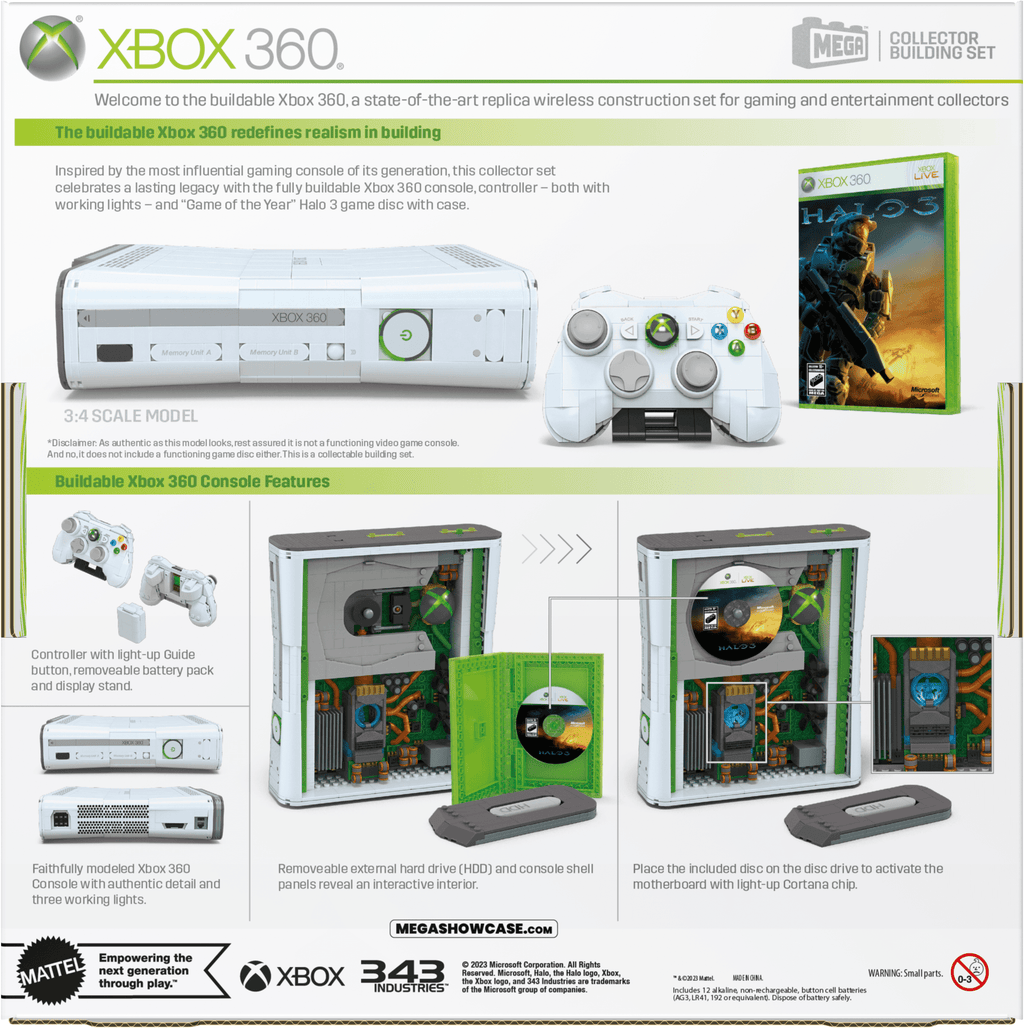 MEGA Microsoft Xbox 360 Replica Building Toy Kit With Lights (1342 Pieces) For Collectors