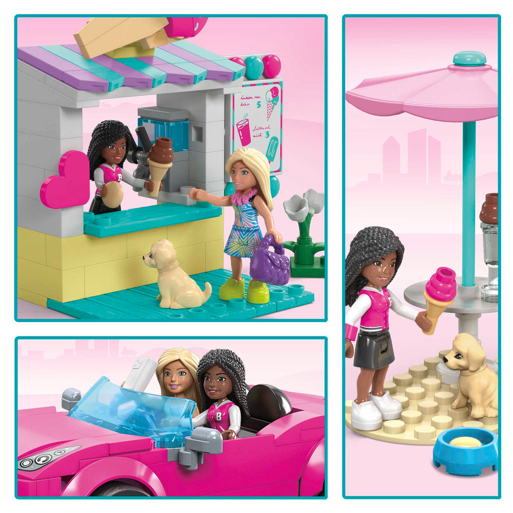 MEGA Barbie Convertible & Ice Cream Stand Building Toy Kit With 2 Micro-Dolls (225 Pieces)