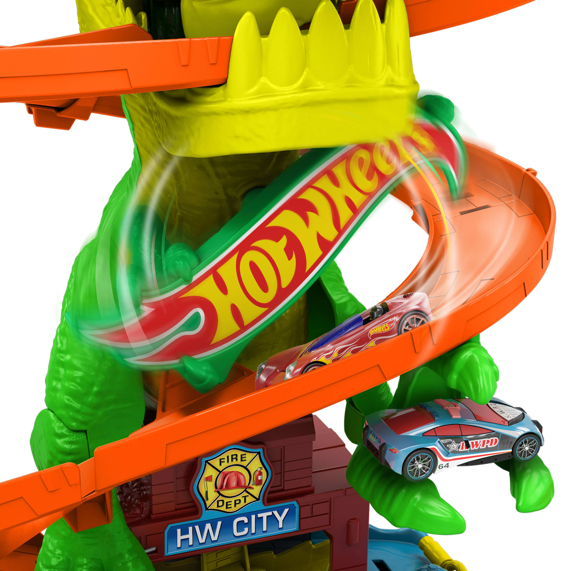 Hot Wheels City Pista de Juguete T-Rex vs Estación de Bomberos